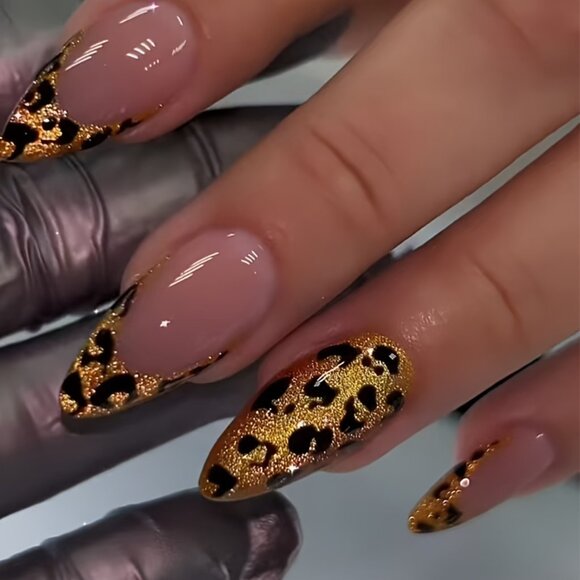 24pcs Box of Golden Leopard Print Nail Tips - Picture 1 of 6